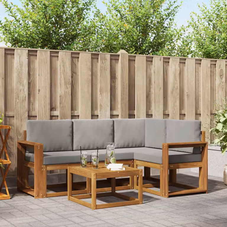 Set di divani da esterno a L vidaXL in legno di acacia con tavolo da caffè e cuscini, beige e grigio