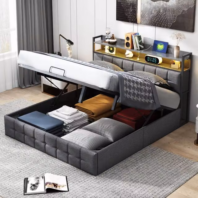Letto Matrimoniale 140x200 cm; Letto Contenitore Idraulico Imbottito; Luci LED e Porta USB; Struttura Letto in Lino; Grigio; Senza Materasso