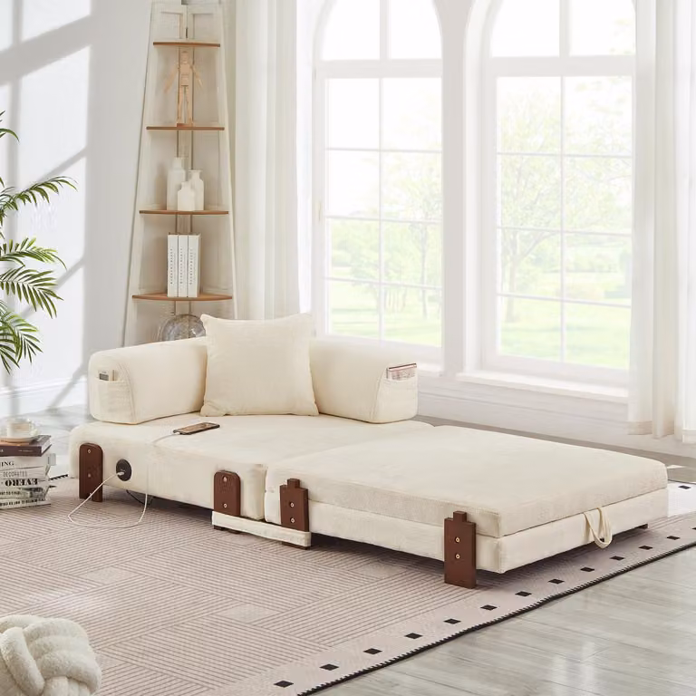 Divano letto 2 in 1, pieghevole con funzione letto, porta USB di tipo C, spazio contenitore, braccioli, divano letto per piccoli spazi, camera degli ospiti, stile loft, color beige