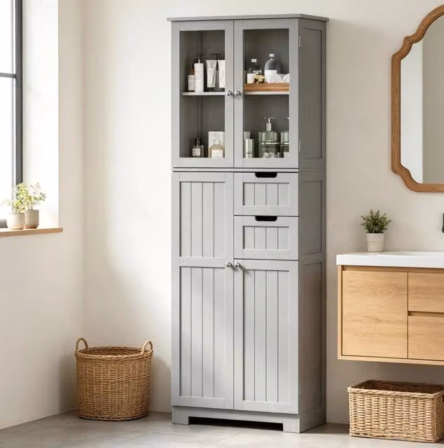 Mobili da bagno alti grigi con 4 porte, 2 in vetro, 2 cassetti e ripiani regolabili 60x30x170 cm