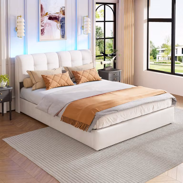 Letto imbottito Fortuna Lai 160x200 cm, letto matrimoniale con contenitore, struttura letto imbottita con LED, letto a cassettone con testata e rete a doghe, velluto beige