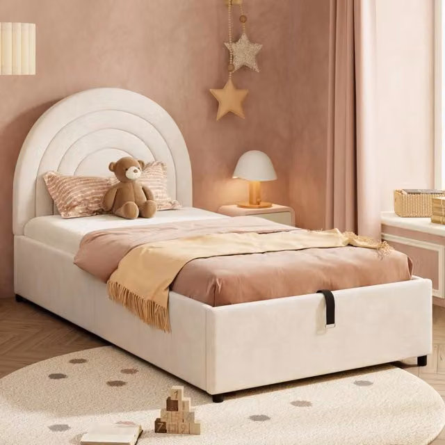 Letto imbottito 90 x 200 cm; letto singolo per bambini e adolescenti; rete a doghe in legno; testiera; montaggio facile; velluto; beige