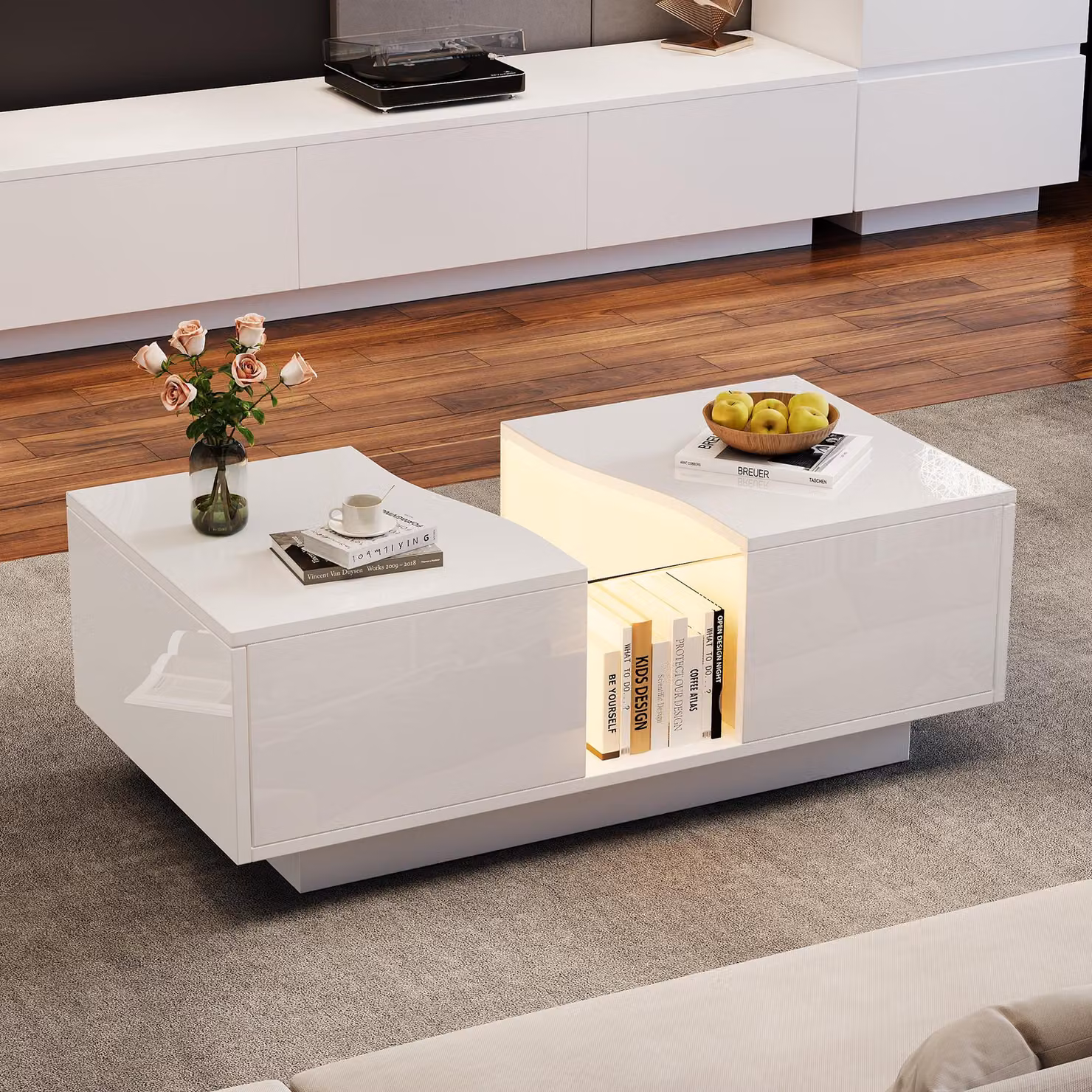 Tavolino Merax LED 100x50x35cm, bianco lucido, tavolino da salotto con 2 cassetti, piano in acrilico e controllo tramite app, design moderno