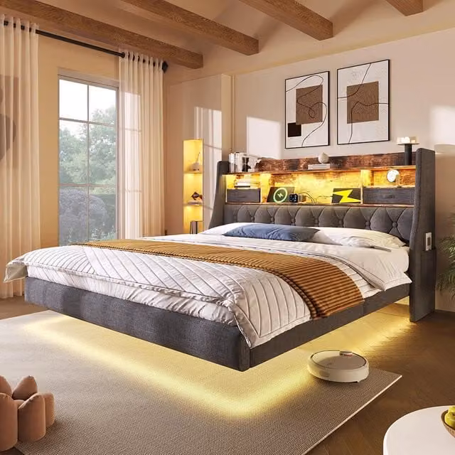 Letto sospeso 160x200cm?- Xylo - LED USB Type-C lino grigio