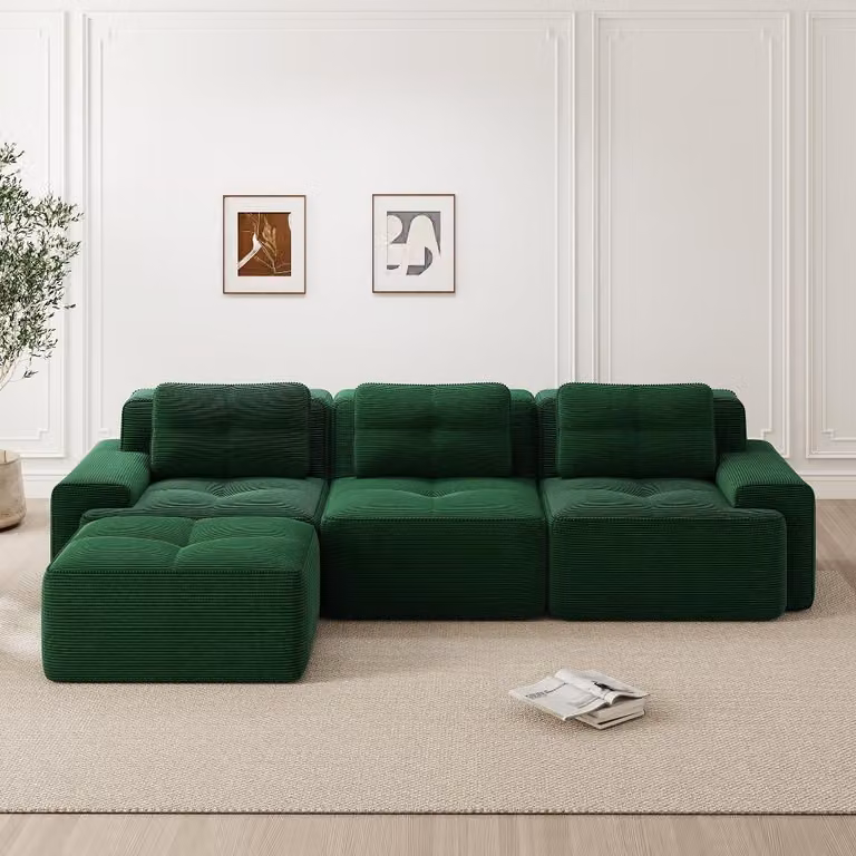 Divano modulare a forma di L, con poggiapiedi, rivestito in corda verde, 3 posti, dimensioni 293x177x69 cm, tessuto in corda ideale per chi ha animali domestici, divano da salotto, non richiede montaggio