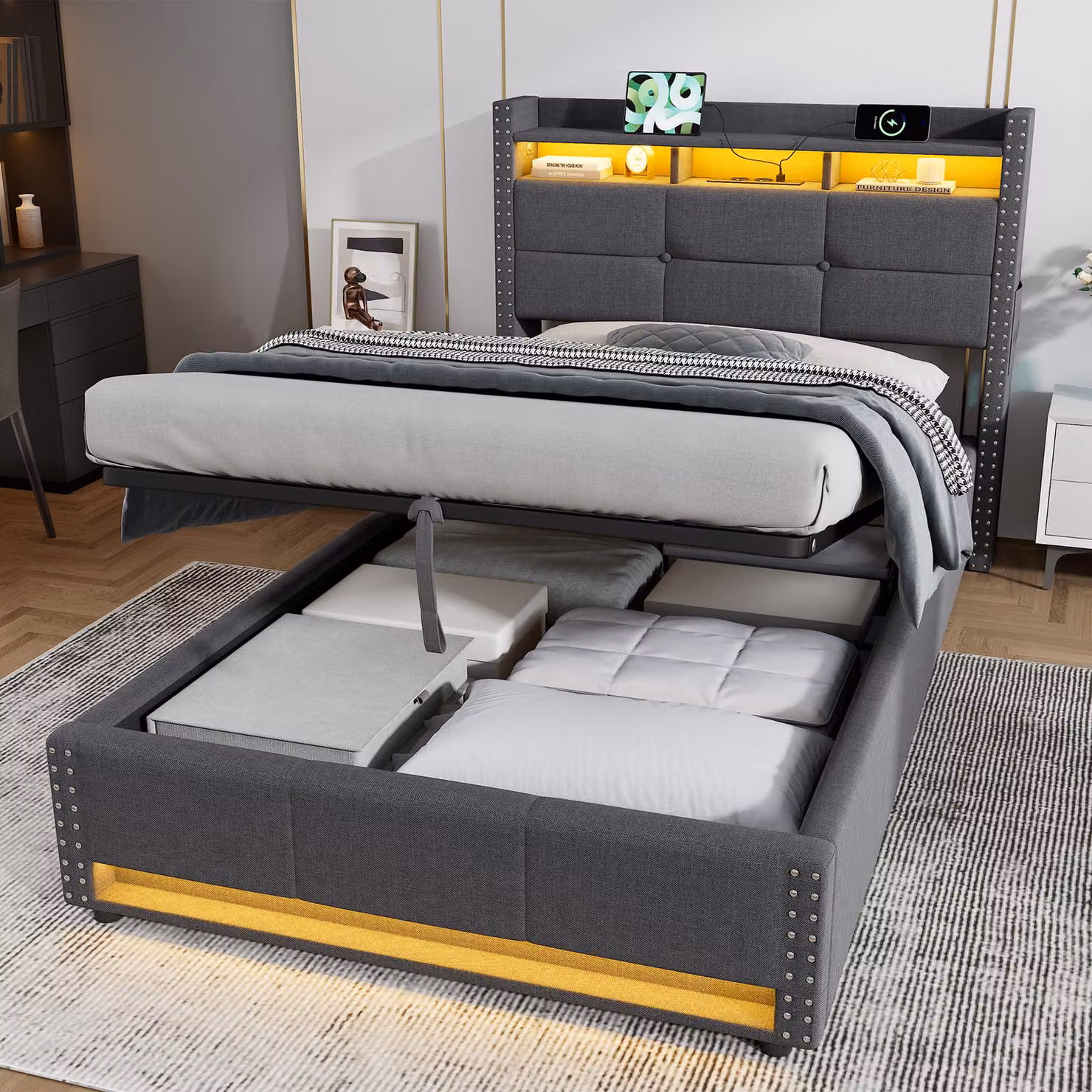 Letto imbottito idraulico MODFU, 90x200 cm, con LED e porta USB, letto con box contenitore e ampio spazio di stoccaggio, letto per giovani con testiera imbottita, senza materasso, colore grigio