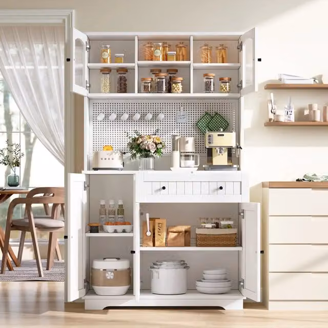 Vetrina Cucina Alta con Porta, Ripiani Regolabili e Pannello Forato, Bianco, 103,5x40x180 cm