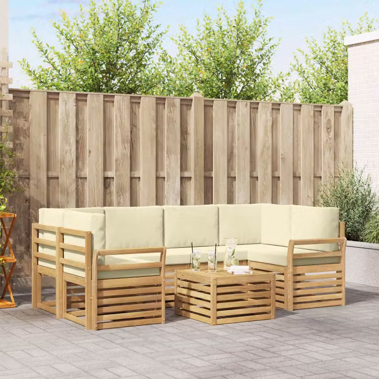 Set di divani da esterno moderno vidaXL in legno di acacia, 7 pezzi, Bianco e Beige