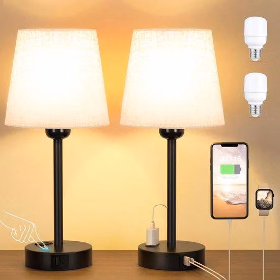 Lampada doppia, dimmer touch, set da 2, lampada da tavolo con funzione di ricarica, porte USB-A e USB-C, prese di corrente, 2 lampadine a LED, lampada in lino, piccola lampada da comodino per camera da letto, soggiorno, camera dei bambini