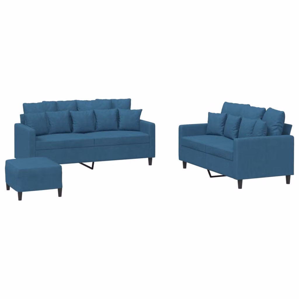 Set di Divani 3 pz con Cuscini Blu in Velluto