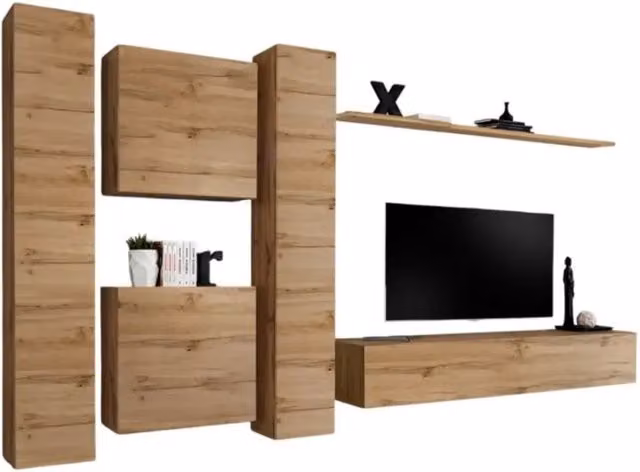 Composizione murale SWITCH VI Meublorama con mobile TV e colonne sospese in Rovere Wotan, L: 330 cm, H: 180 cm, P: 40 cm – 1