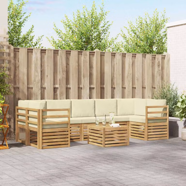 Set di divani da esterno vidaXL 8 pz in legno di acacia con tavolo da caffè e cuscini, Bianco e Beige