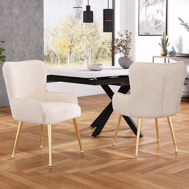 Set di 2 sedie da pranzo Minimal in velluto beige con braccioli e gambe in metallo dorato – 1