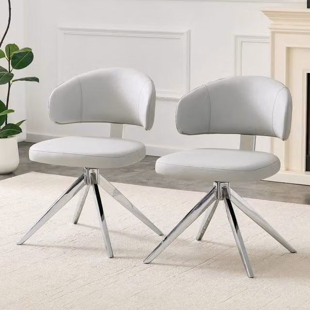 Sedia da ufficio girevole OKWISH in ecopelle grigio chiaro con base in metallo, H 73,5 x L 56,0 x P 28,5 cm