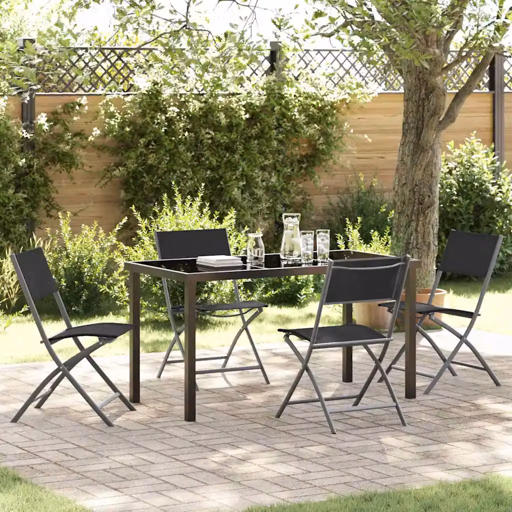Set da Pranzo per Giardino e Terrazzo vidaXL in Acciaio Verniciato Nero Opaco con Piano in Vetro, 5 Pezzi