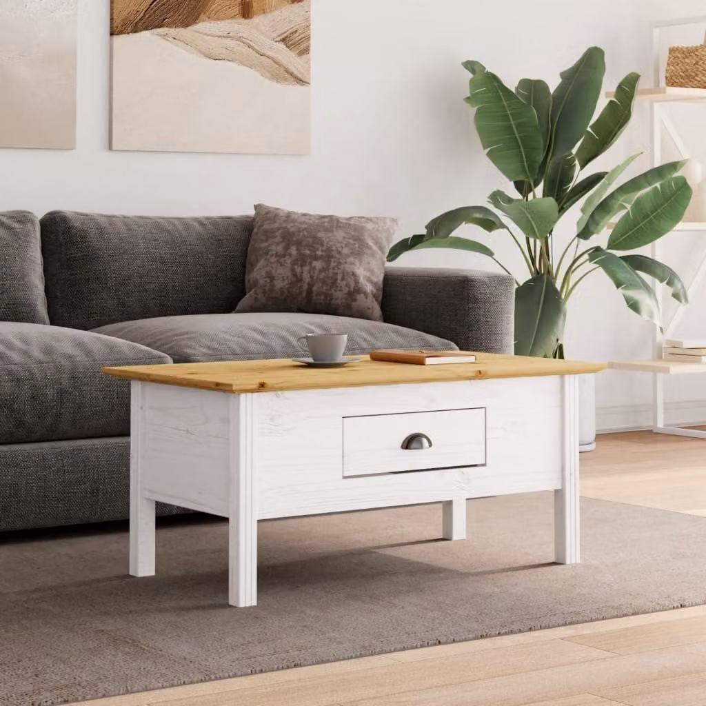 vidaXL Tavolino BODO in Legno di Pino Massello Bianco e Marrone L: 100 cm, P: 55 cm, H: 46 cm