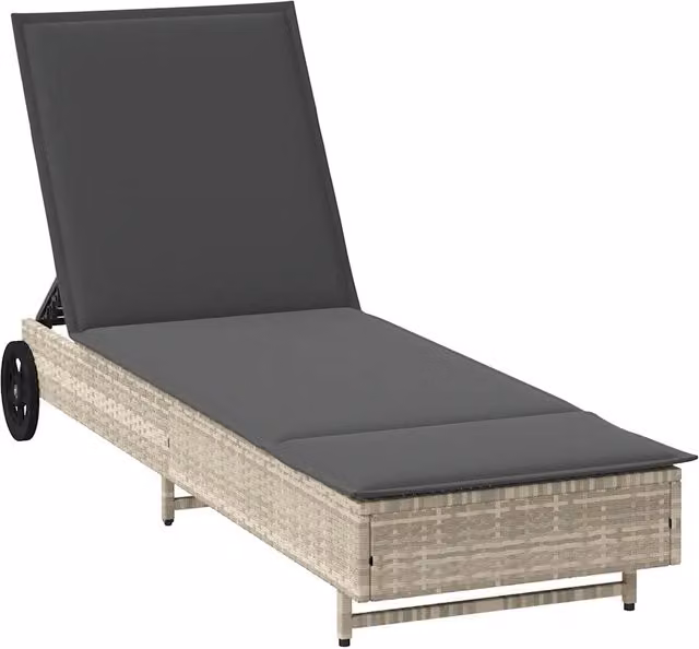 Lettino prendisole in polyrattan grigio con ruote e cuscino regolabile per giardino e balcone