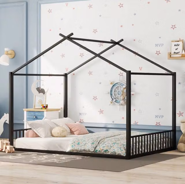 Letto per bambini 140x200 cm con struttura in ferro nero a forma di casa