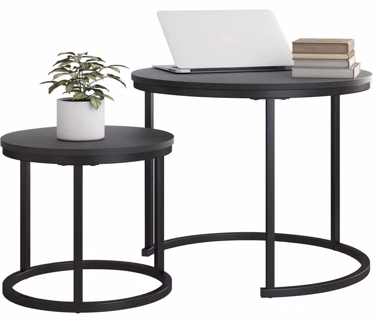 Tavolino rotondo, set da 2, con struttura in metallo, aspetto legno, colore nero, impilabile. Dimensioni: 69,5x48,5 cm e 49,5x35,5 cm
