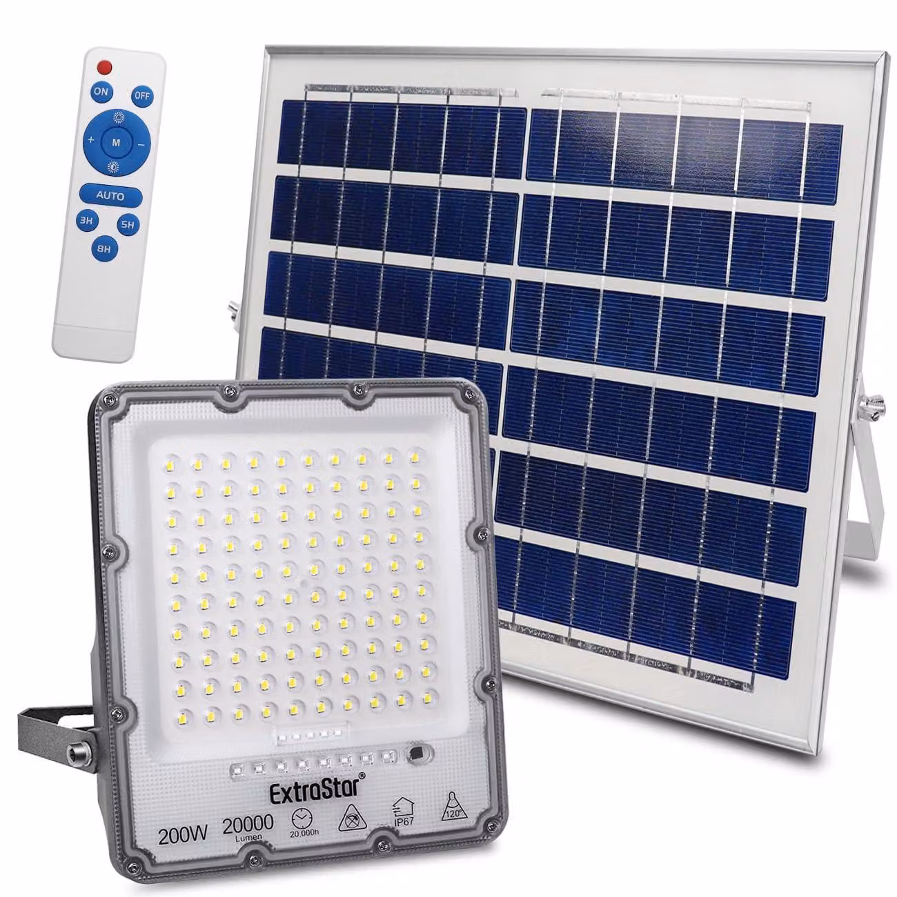 Lampada a LED solare da 200 W, 20.000 lumen, luce bianca fredda, grado di protezione IP67, con telecomando