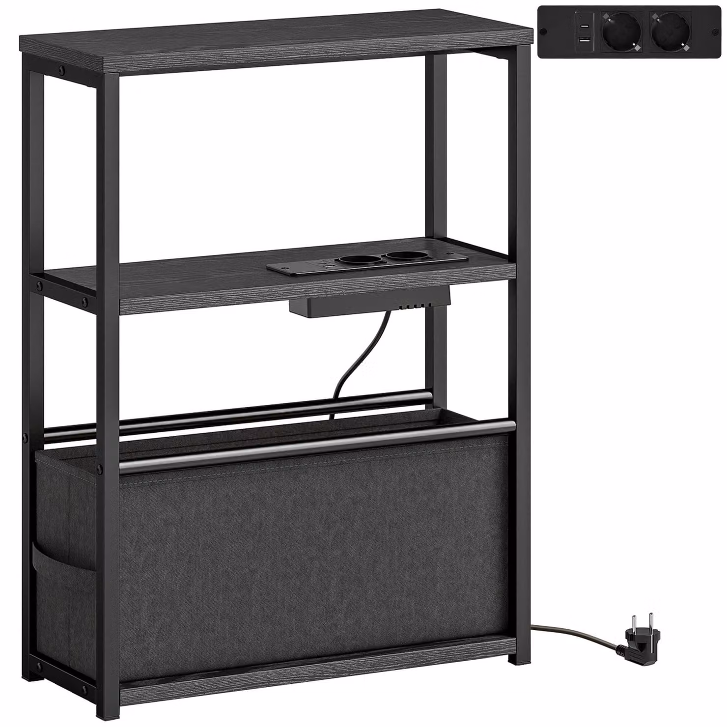 Tavolino ausiliario nero con presa di corrente integrata | Colore: Nero | Dimensioni: 45x18x60,2 cm