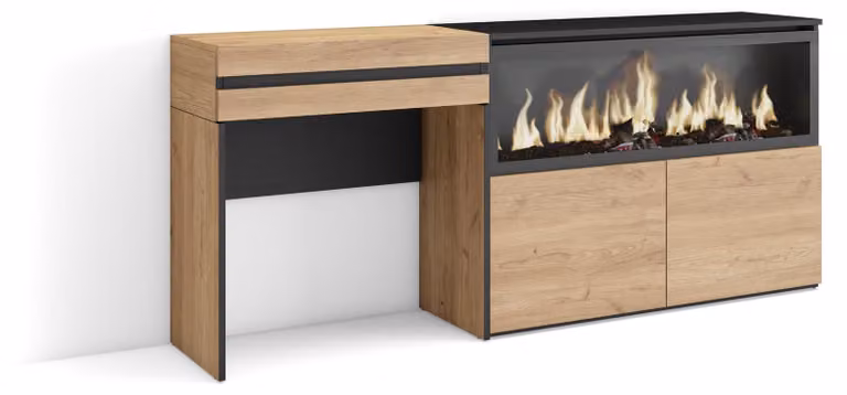 Scrivania con camino integrato, spazio contenitivo, dimensioni 177x75x35 cm, legno di quercia, design moderno