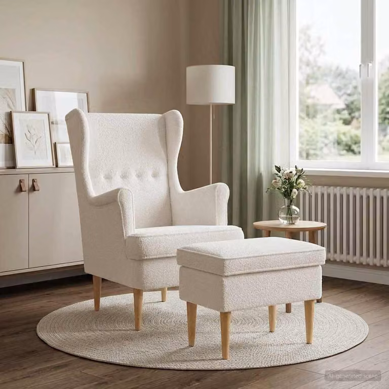 Set di Poltrona con Ottomano vidaXL in Tessuto Bouclé Beige con Struttura in Legno