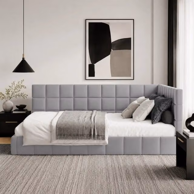 Letto da giorno in stile Mid-Century Modern con rete a doghe; 140x200 cm; grigio