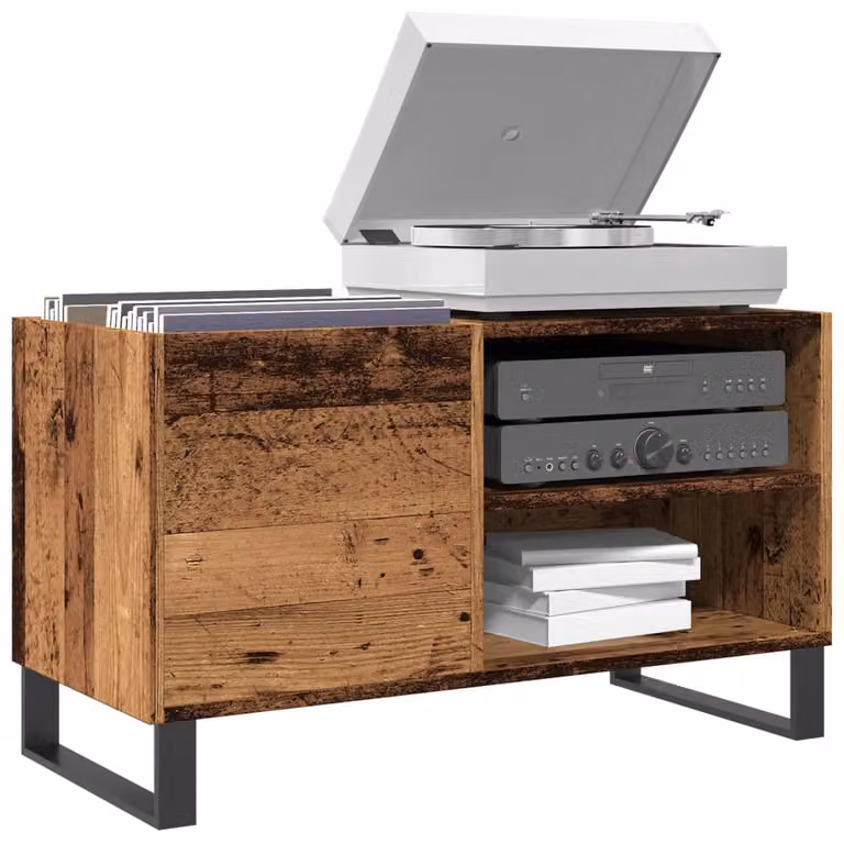 vidaXL Mobile Porta Dischi in Legno Antico e Metallo, Colore Marrone, L 84,5 x P 38 x H 48 cm