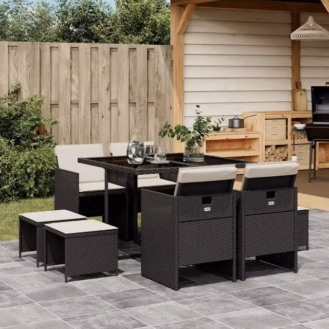 Set da Pranzo da Giardino 9 pz con Cuscini Nero in Polyrattan 3210594