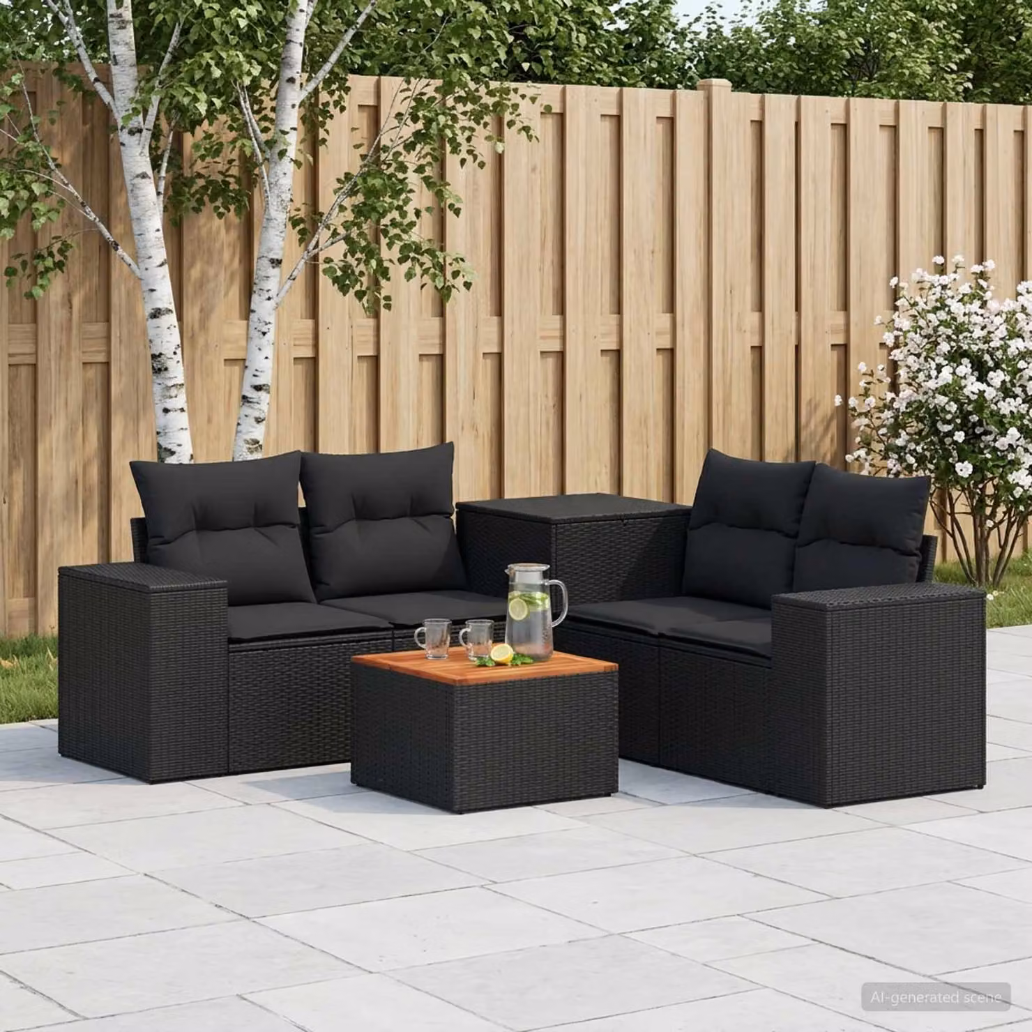 Set di divani da giardino vidaXL a forma di L in rattan sintetico nero con cuscini e tavolino da esterno