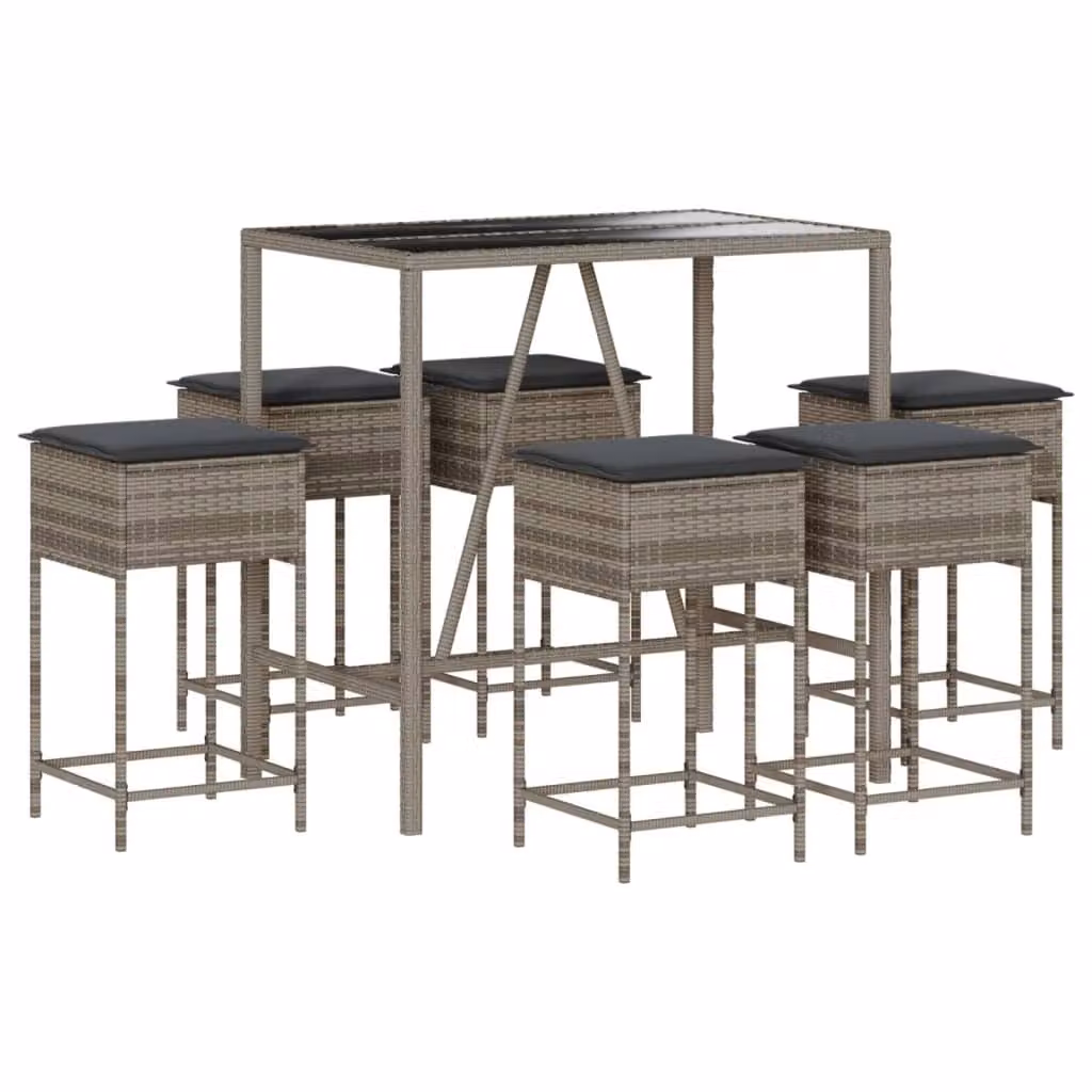 Set Bar da Giardino 7 pz con Cuscini in Polyrattan Grigio
