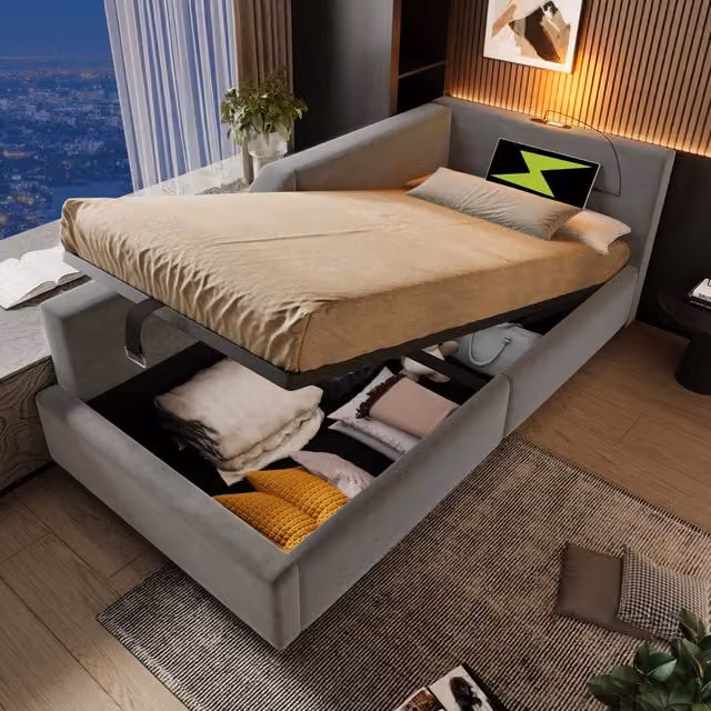 Letto Tagesbett REDOM in velluto grigio con base a sollevamento, lampada da lettura integrata e porta USB-C, L/P/H: 190 x 90 x 70 cm