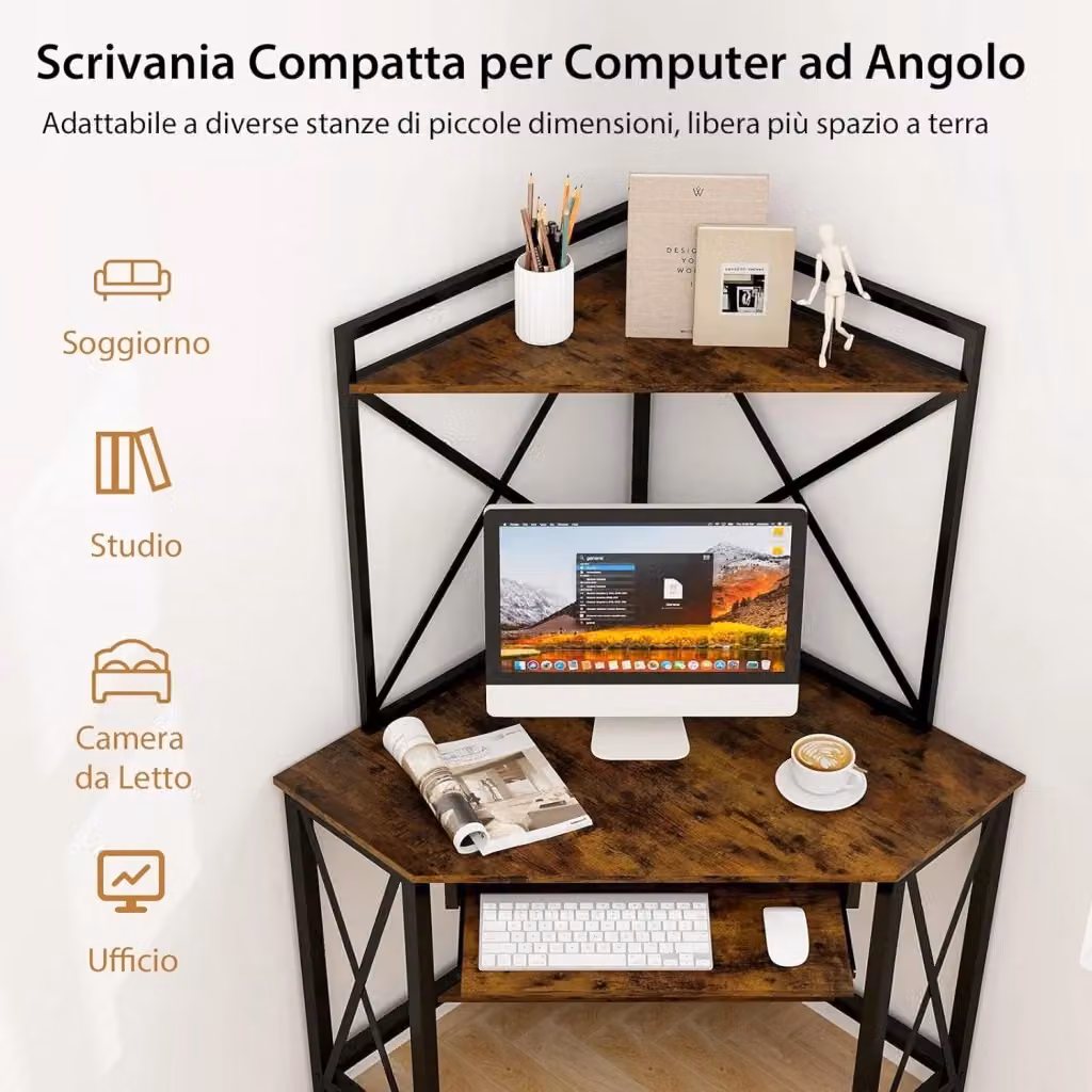 Scrivania Angolare COSTWAY in Stile Industriale con Ripiani e Struttura in Metallo, Colore Marrone e Nero – 2