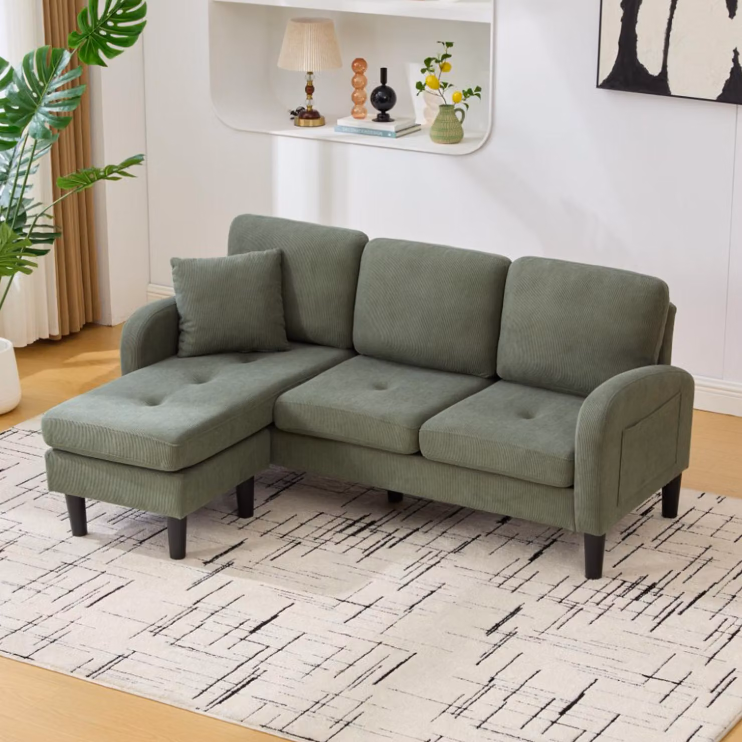 Divano ad angolo a L Merax con chaise longue, divano a 3 posti in velluto e corda con struttura in legno massello, divano modulare da salotto con gambe in plastica, verde