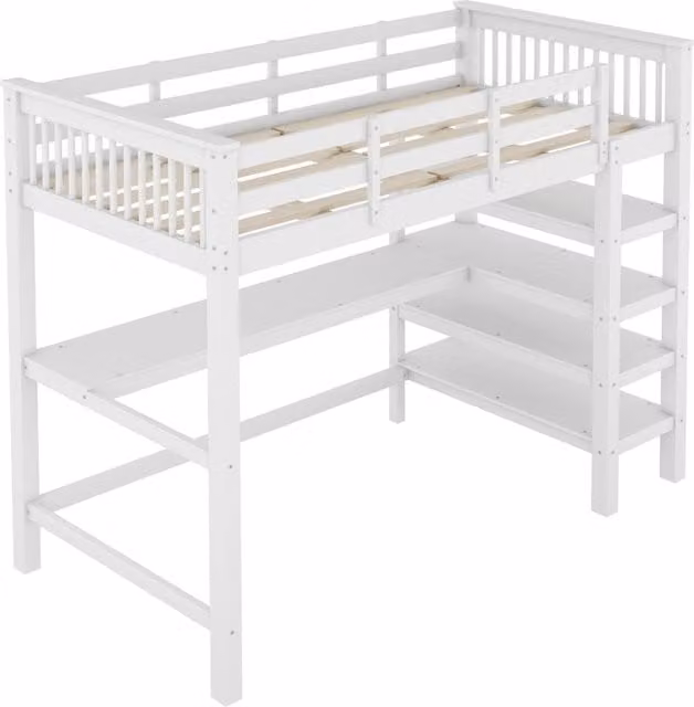 Letto a castello per bambini 90x200 cm con scrivania e ripiani, struttura in legno di pino e MDF, bianco