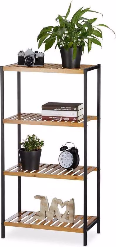 Scaffale a 4 ripiani in bambù con base in metallo - Scaffale da bagno e da cucina - Pietra naturale