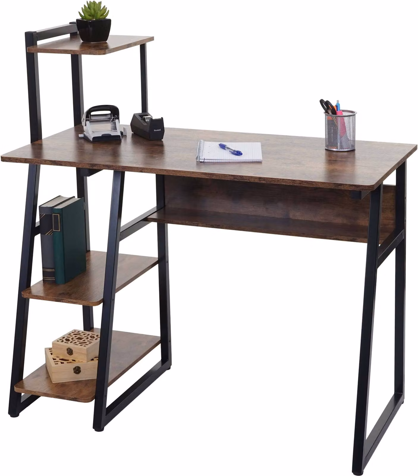 Scrivania con scaffale MCW-K68, tavolo per laptop, tavolo da ufficio, tavolo da lavoro, MVG 100x50 cm, metallo MDF ~ marrone