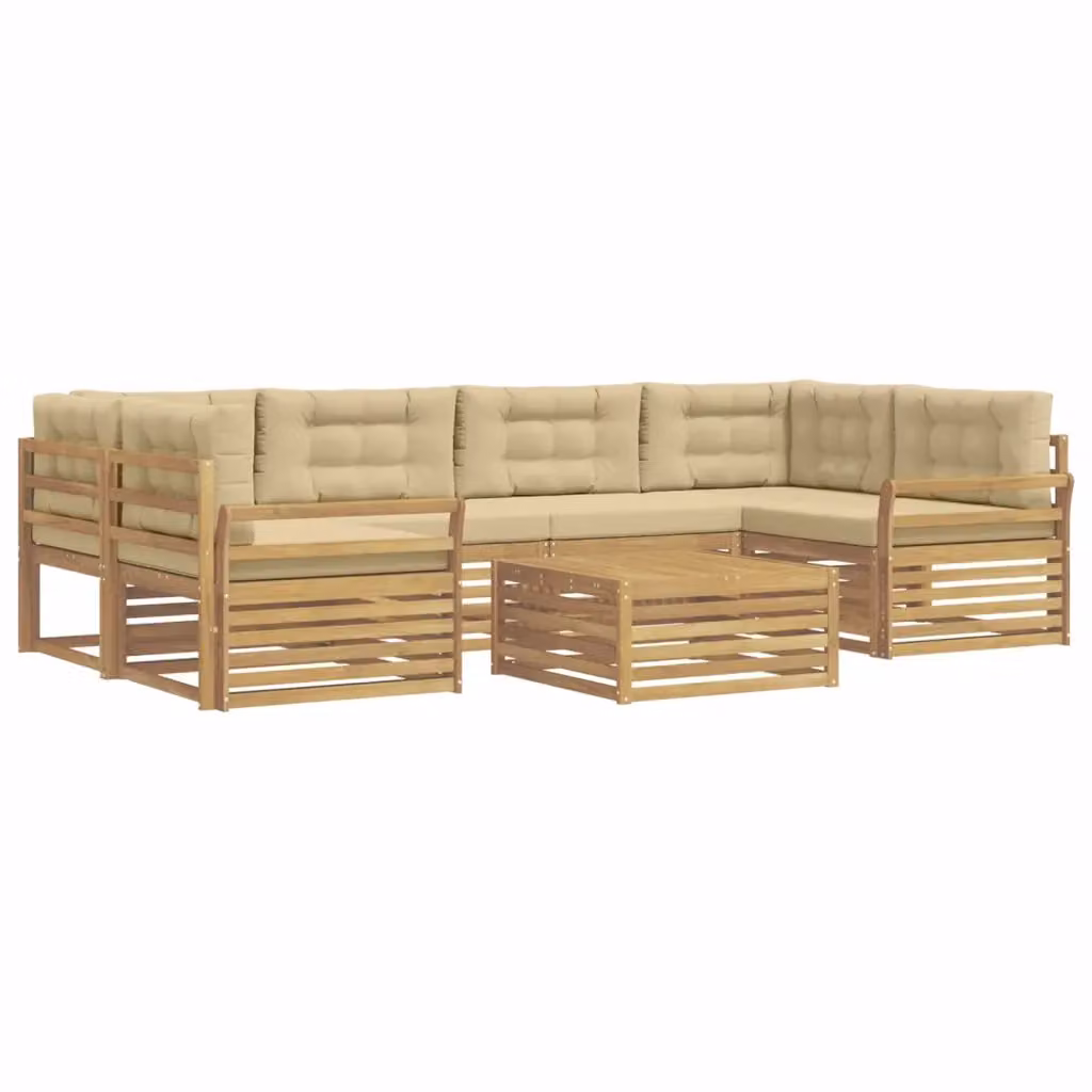 Set di divani da esterno vidaXL a forma di U in legno di acacia con tavolino e cuscini, Bianco e Beige – 2