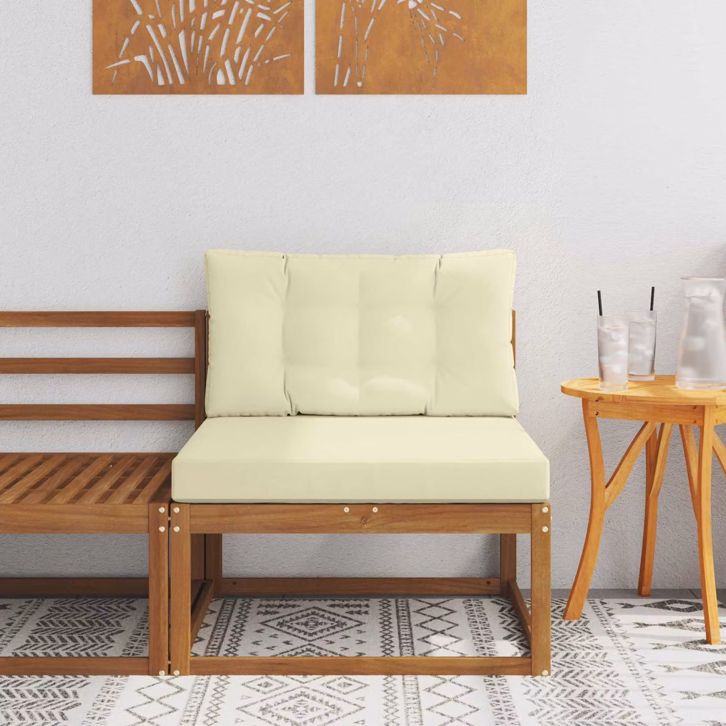 Divano centrale da esterno vidaXL in legno di acacia naturale con cuscini beige e marroni