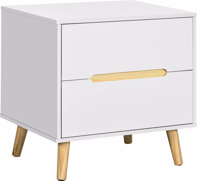 Comodino Bianco Moderno HOMCOM per Camera da Letto con 2 Cassetti e Gambe in Legno di Pino L/P/H: 50 x 40 x 50,5 cm