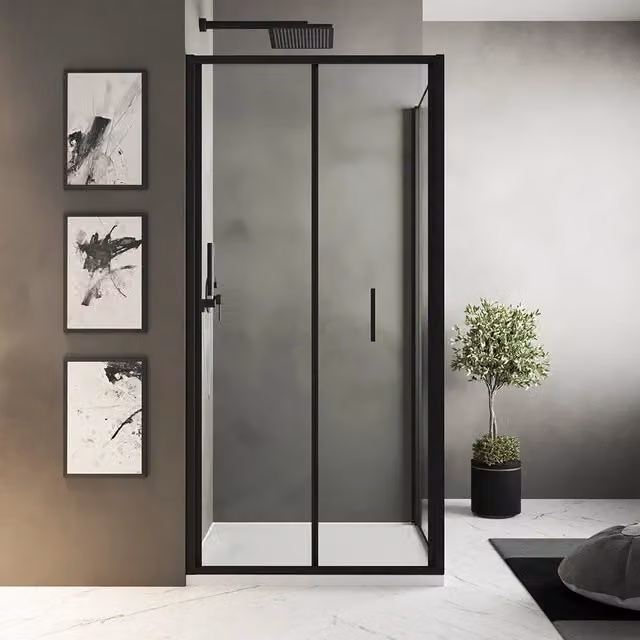 Box doccia slim 80x80cm con porta a libro e parete fissa profili nero opaco e vetro 6mm trasparente h190| Portofino
