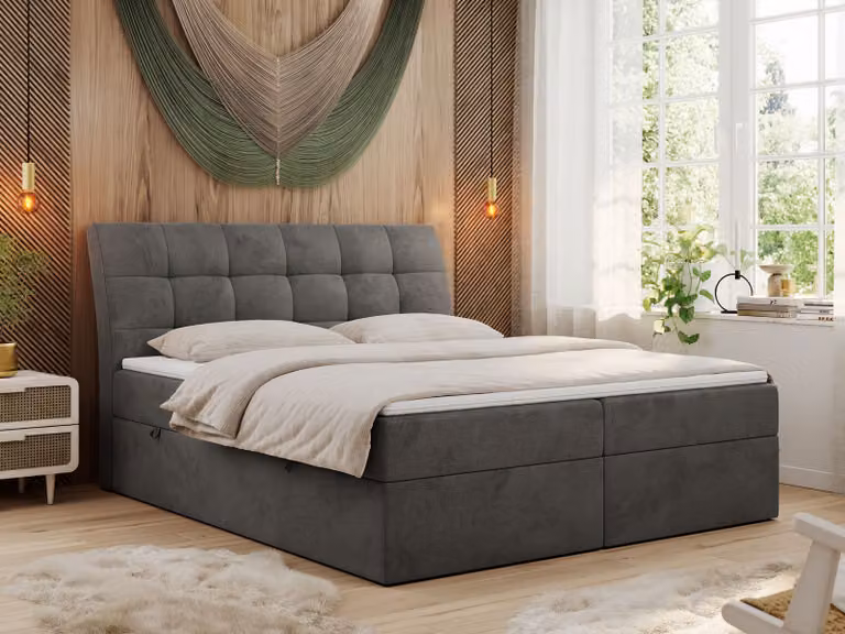 Letto boxspring 160x200 con materasso, letto con materasso Multipocket - H4 e topper, letto imbottito 160x200 con contenitore e testiera, DIEGOS - 160x200 - Grigio scuro - Velvet - H4