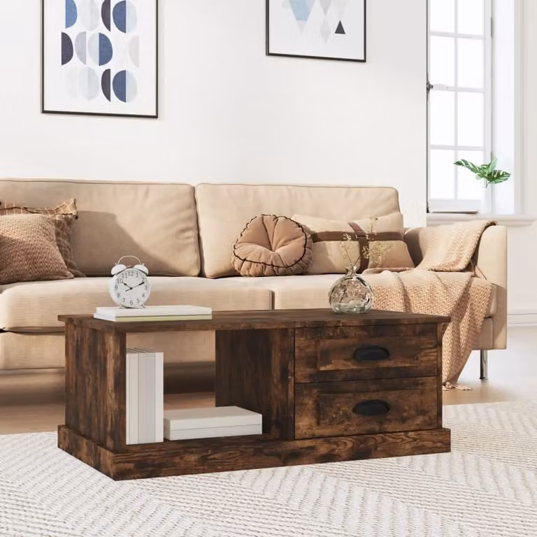 Tavolino da salotto vidaXL in legno multistrato color rovere fumo, forma rettangolare, L 90 cm x P 50 cm x H 35 cm