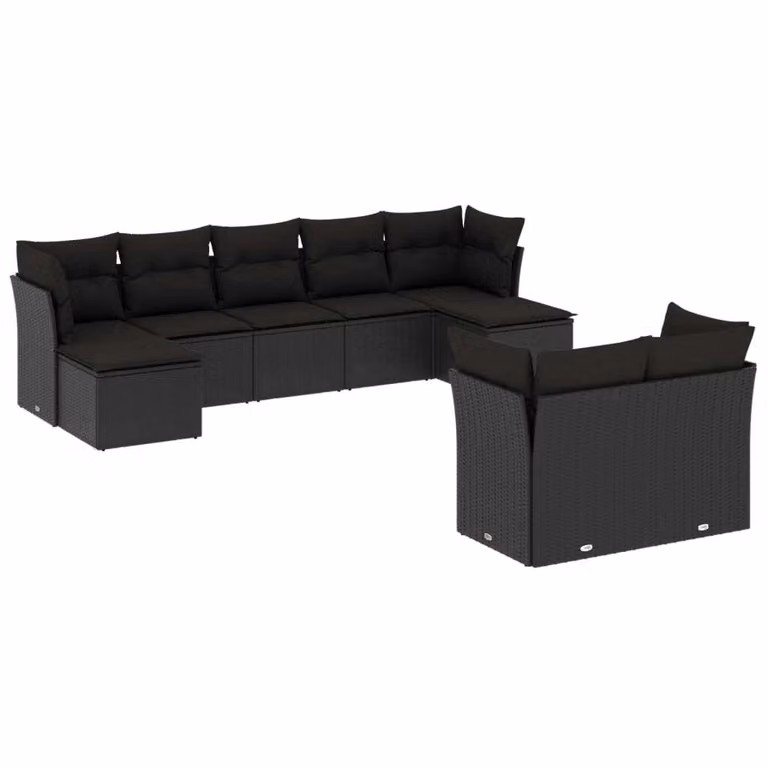 Set Divani da Giardino 9 pz con Cuscini Nero in Polyrattan