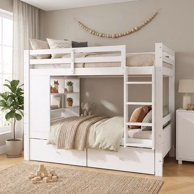 Letto a castello 90x200 cm bianco in legno con due cassetti; scaffale aperto e scala integrata
