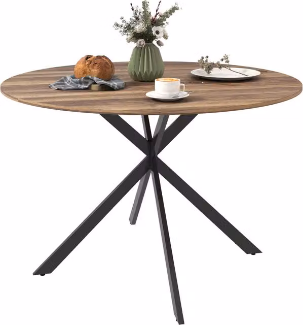 Tavolo da pranzo rotondo XYLO in stile industrial con struttura in metallo nero e piano in legno marrone, ideale per 4 persone, Diametro: 120 cm, Altezza: 75 cm