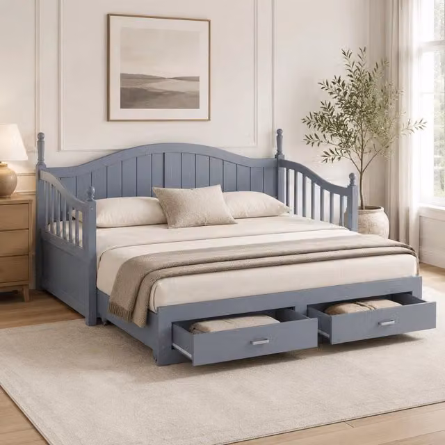 Letto estraibile multifunzionale in legno di pino grigio con rete a doghe due cassetti schienale curvo e braccioli