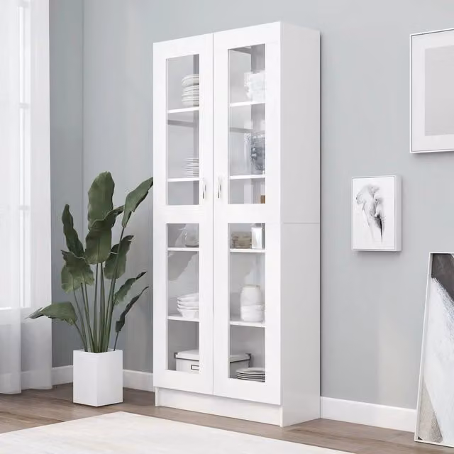 Armadietto Vetrina vidaXL Bianco con Ante in Vetro e Ripiani Interni L: 82,5 cm, P: 30,5 cm, H: 185 cm – 1