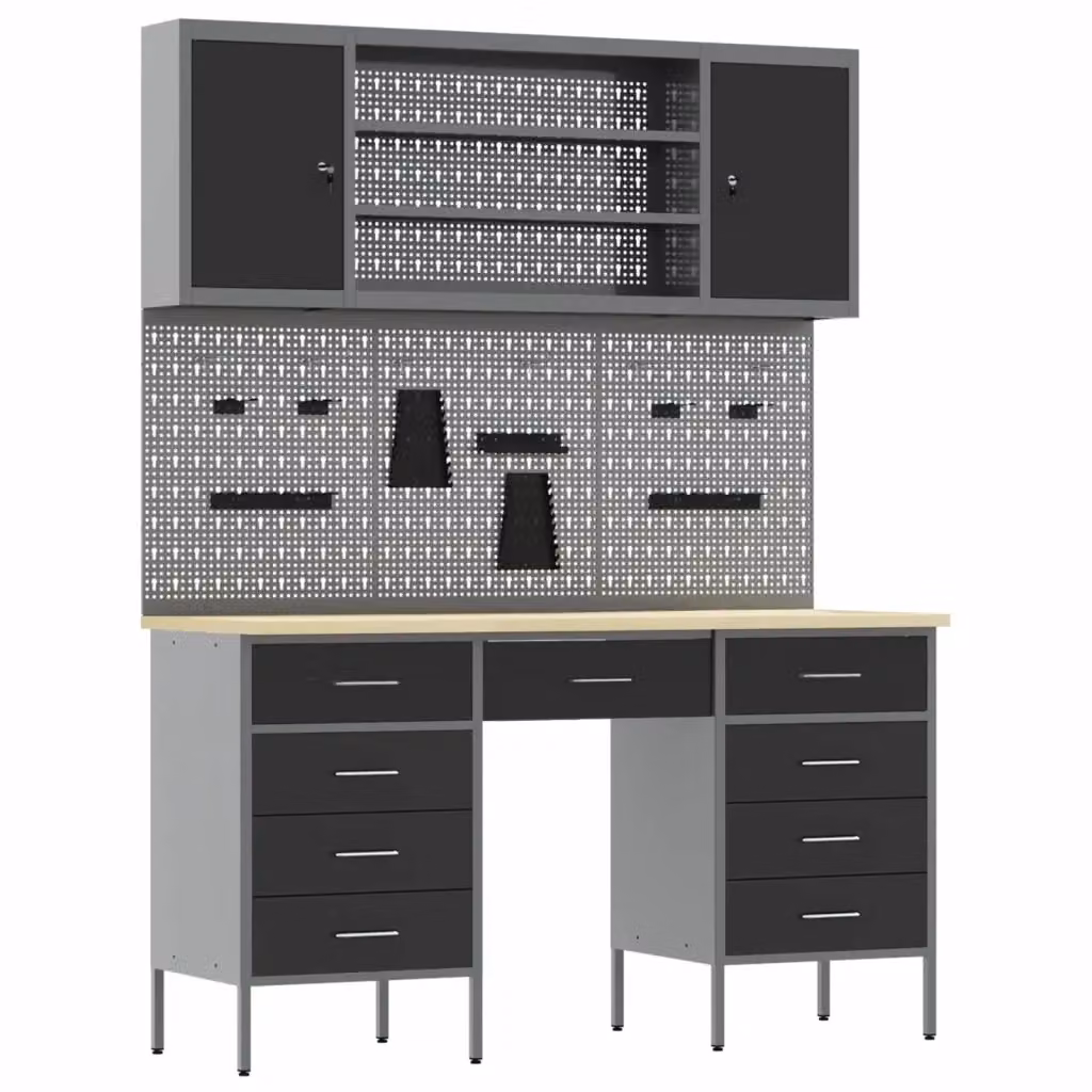 Mobile da lavoro vidaXL composto da 7 pezzi in legno ingegnerizzato e acciaio, colore nero, L: 380 cm, P: 150 cm, H: 55 cm – 2